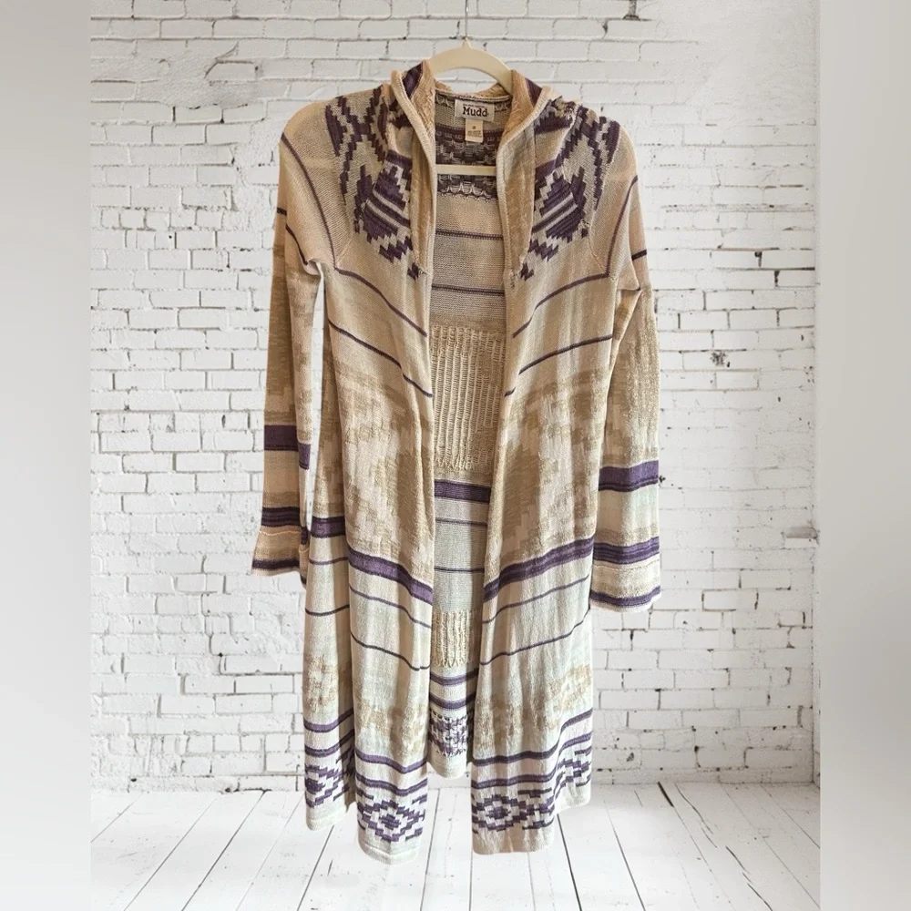 VINTAGE Y2K MUDD Long Duster Cardigan Aztec Print Hooded Sweater‎ S